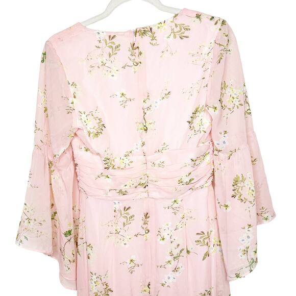 Avec Les Filles NWOT Pink Floral Boho Chiffon Bell Sleeves Maxi Dress Size 2 - Picture 7 of 9
